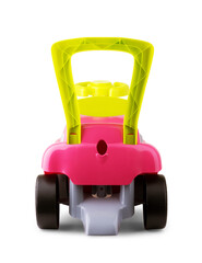 Childrens toy car on white background