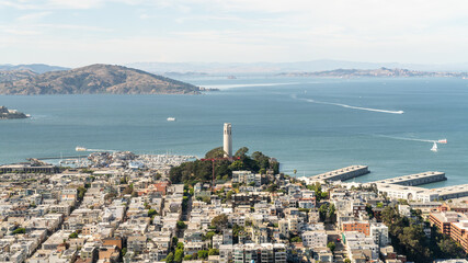 San Francisco, California, USA - August 2019: San Francisco cityscape overlooking Alcatraz Island