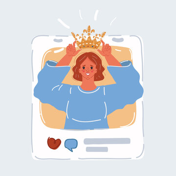 Vector illustration of social media addiction. Narcissist to attract the attention in social media, his blog. Woman is putting crawn on his head on online post.