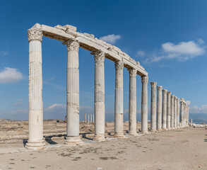 Denizli, Turkey - October 2019: Laodikeia ancient city ruins in Pamukkale, Denizli, Turkey