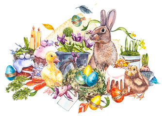 Easter set and template clip art with Easter eggs, flowers, animals, easter cake, birds nest on white background. Watercolor illustrations.