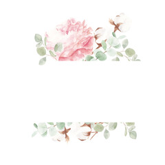Watercolor frame. bouquet of pink peonies, eucalyptus and cotton twigs on a white background. Suitable for backgrounds, covers, invitations, banners, posters, cards, flyers.