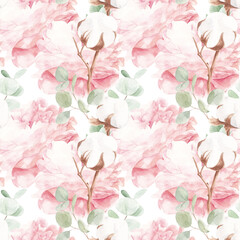 Watercolor pattern. Pink peonies, eucalyptus and cotton branches on a white background. Suitable for backgrounds, wallpapers, textiles, fabrics.

