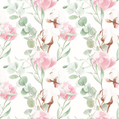 Watercolor pattern. Pink peonies, eucalyptus and cotton branches on a white background. Suitable for backgrounds, wallpapers, textiles, fabrics.