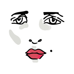 Vector illustration of a sad female face with a mole and red lips. Hand drawn icon and symbol for print, poster, sticker, card design, invitations to the fashion week, picture for make-up certificate.
