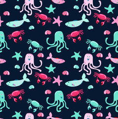 Cheerful hand drawn vector seamless pattern with different sea animals. Cartoon characters. Octopus, fish, crabs, shellfish, sea, ocean, seashells. Summer and children's background