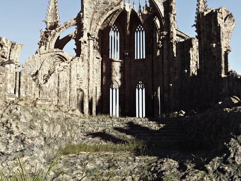 Ancient gothic stone architecture ruins with gargoyle statues interior view. 3d rendering background backdrop. 