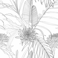 Tropical exotic floral line black white palm leaves and flowers seamless pattern, line background. Exotic jungle wallpaper.	