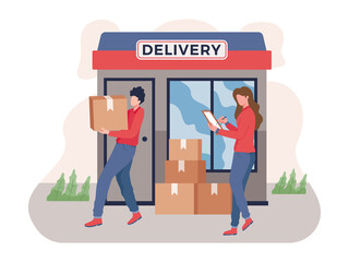 Delivery service concept. Service of fast delivery, Express delivery courier. Man courier with box in his hands. Supervisor supervise staff and check the packages to be delivered. Vector in flat style