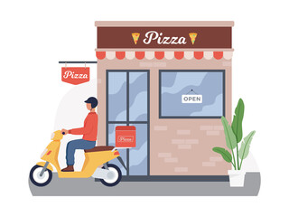 Delivery guy delivers pizza orders on scooter. Small business concept of ordering and delivering pizza. Deliveryman on scooter, Guy carrying box with food. Fast food courier service, Vector flat style