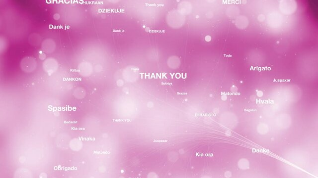 thank you word cloud in different languages pink background animation