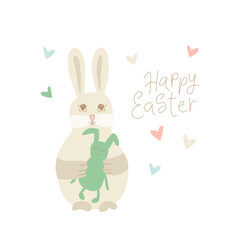 Obraz premium Easter rabbit, bunny minimalistic style with lettering sign. Vector stock illustration isolated on white background for Easter greeting card. EPS10