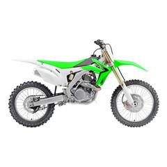 Fototapeta na wymiar Green White Off Road Motorcycle Isolated on White Background. Modern Dual Sport Supercross Motocross Dirt Bike Side View. AWD All Wheel Drive Racing Sportbike. Personal Transport. 3D Rendering