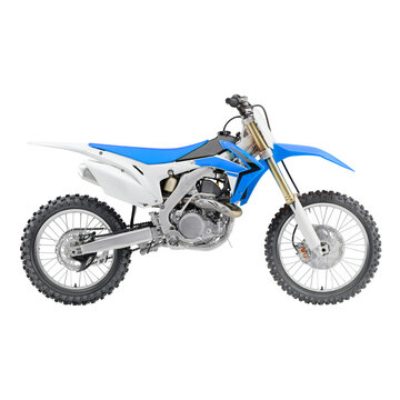 Blue White Off Road Motorcycle Isolated On White Background. Modern Dual Sport Supercross Motocross Dirt Bike Side View. AWD All Wheel Drive Racing Sportbike. Personal Transport. 3D Rendering