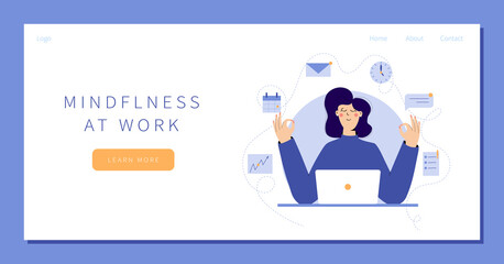 Businesswoman Meditate, Practicing Yoga at Workplace Sitting in front of laptop with calendar, clock, email, text message, documents on background. Office worker or freelancer relaxes landing page