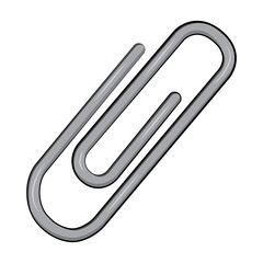 Grey metal paperclip on a white background