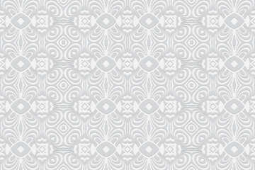 Geometric convex volumetric 3D texture from an ethnic pattern based on the peoples of the east. Embossed original white background for presentations, wallpapers, websites.