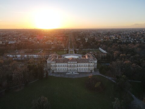 Aerial view of facade of the elegant Villa Reale in Monza, Lombardy, north Italy. Drone photography in Italy of the amazin Royal Palace of Monza.