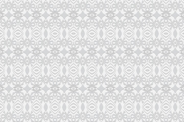 Geometric convex volumetric 3D texture from an ethnic pattern. Embossed white background in doodling style. Decorative ornament for design and decor, wallpaper.