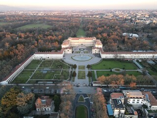 Aerial view of facade of the elegant Villa Reale in Monza, Lombardy, north Italy. Drone photography in Italy of the amazin Royal Palace of Monza.