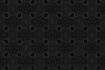 Geometric convex volumetric 3D texture from an African pattern. Artistic embossed black background for wallpapers, presentations, websites.