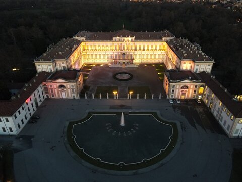 Aerial view of facade of the elegant Villa Reale in Monza, Lombardy, north Italy. Drone photography in Italy of the amazin Royal Palace of Monza.