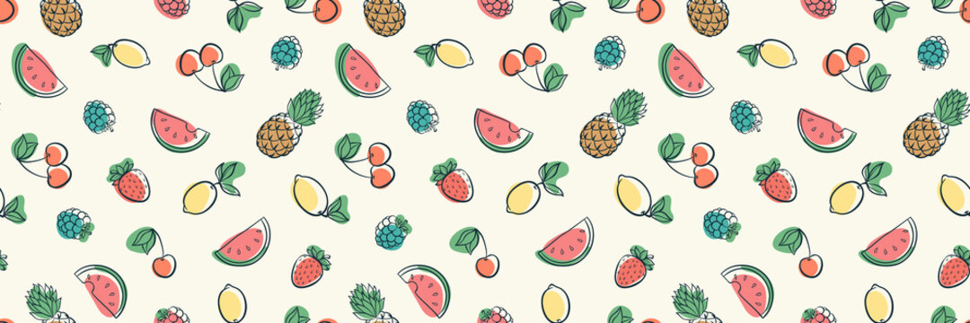 Horizontal seamless pattern with cute doodle fruits sketch. Hand drawn trendy background. design background greeting cards, invitations, fabric and textile, banner for website