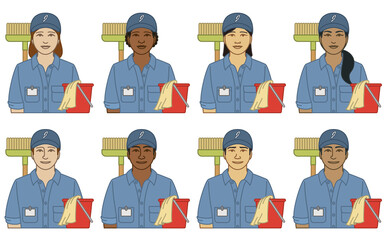 diversity, race, ethnicity of school janitor, custodian, caretaker vector icons, male and female, with broom and bucket, isolated on a white background