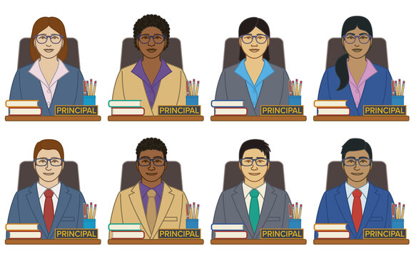 diversity, race, ethnicity of school principal vector icons, male and female, with stack of books on desk, isolated on a white background