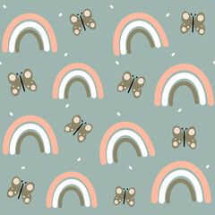 Cute lovely seamless vector pattern background illustration with rainbow and butterflies