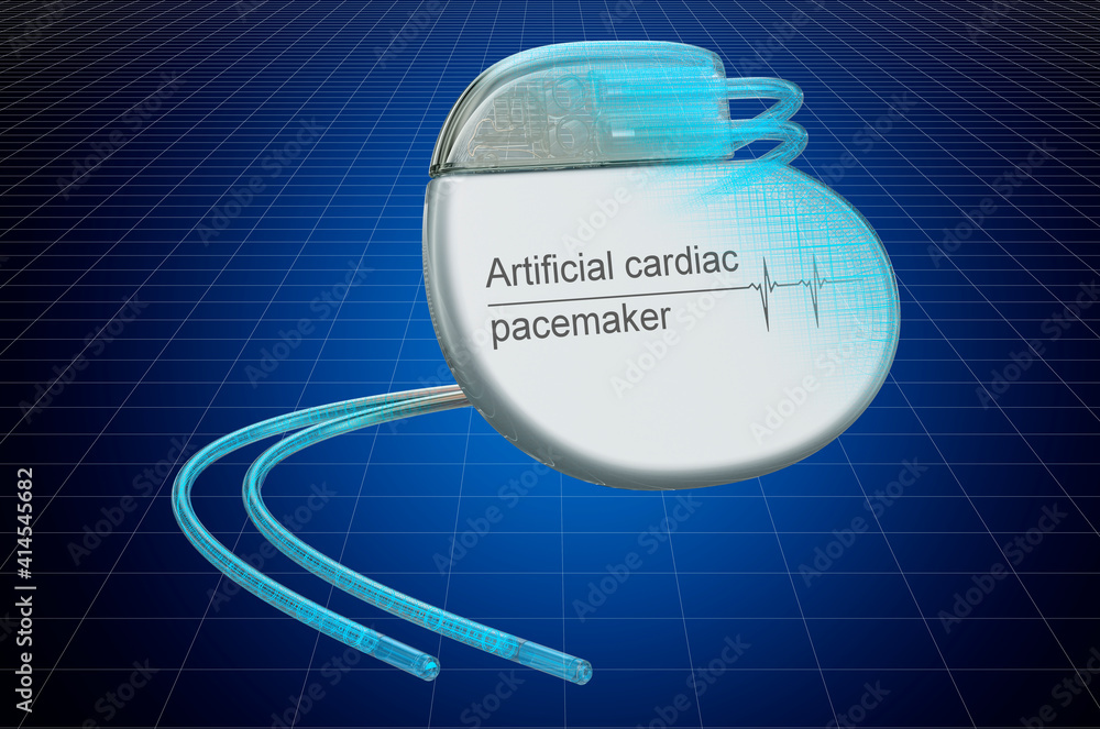 Poster visualization 3d cad model of artificial cardiac pacemaker, blueprint. 3d rendering