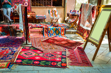 Traditional Georgian Carpets with typical geometrical patterns in the street shop, Tbilisi, Georgia - obrazy, fototapety, plakaty