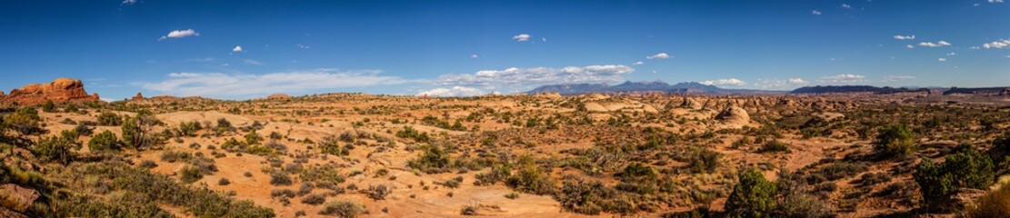 Paorama shot of american desert nature with red sandstone mountains in arches national park in utah, america