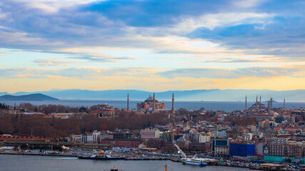 Naklejka premium Hagia Sophia and Sultanahmet Mosque from Galata Tower