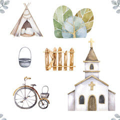 Church icon.  illustration for religion architecture design. Cartoon church building silhouette with cross, chapel, fence, trees, bell. Flat summer landscape. Catholic holy traditional symbol.