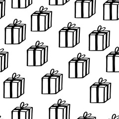 Holiday seamless pattern with present on white background. Vector illustration for Birthday, Merry Christmas, New year. Template design for invitation, poster, card, fabric, textile. Doodle style