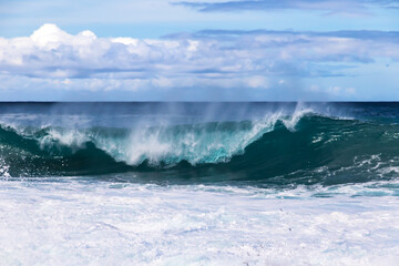 Wave breaking on Kona coast of Hawaii's Big Island. Trees on rocky ledge behind. Cloudy sky in the background. 