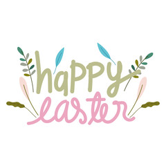 happy easter hand drawn lettering leaves nature isolated white background