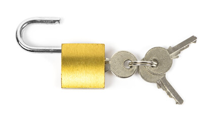 Open padlock and the keys on white background