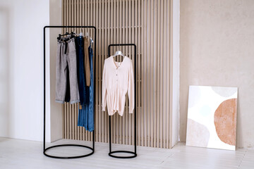 Rack with stylish women's clothes. Interior design.