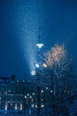 Old street lamp. Winter tree. Night sky. Snowfall. Christmas mood. Night, street, street lamp.