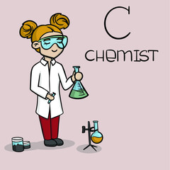 The profession of the letter c - chemist. Vector cute character girl in mask with flasks, test tubes and jars