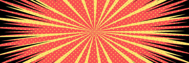 Vector background in comic book style with stripes and polka dot pattern. Retro pop art design. Long horizontal banner.