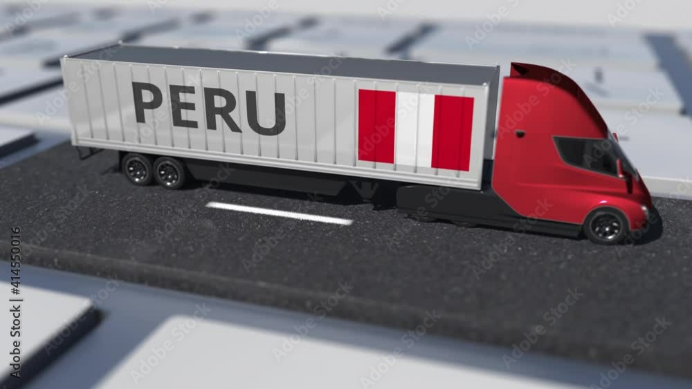 Poster flag of peru on moving truck and computer keyboard. international shipping related looping 3d animat