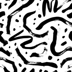 Curly waves hand drawn seamless pattern with dots. Ink brush grunge vector texture. Black wavy lines on white background. Paint brushstrokes freehand drawing. Abstract wrapping paper, textile design. - obrazy, fototapety, plakaty