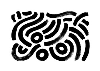 Black paint brush strokes vector collection. Hand drawn curved and wavy lines with grunge circles. Chaotic ink brush scribbles decorative set. Messy doodles, bold curvy lines illustration.