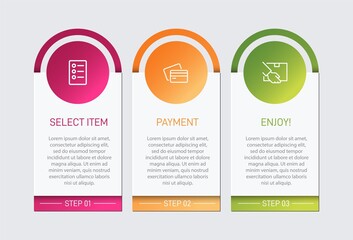 Concept of shopping process with 3 successive steps. Three colorful graphic elements. Timeline design for brochure, presentation, web site. Infographic design layout.