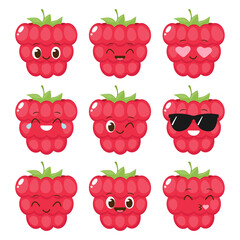 Cute happy red raspberry character set