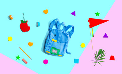 School stationery supplies - overhead view flat lay