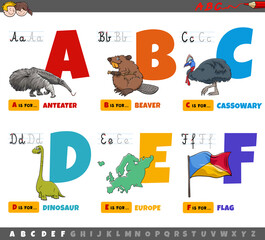 educational cartoon alphabet letters for kids from A to F